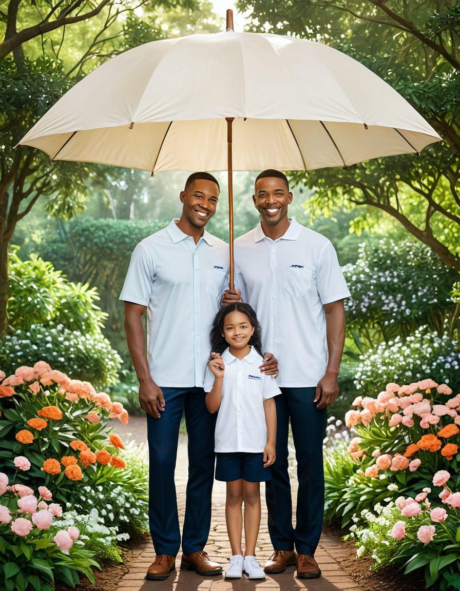 A comforting scene depicting a family with interlocking arms, symbolizing unity and support under a protective umbrella labeled 'Insurance.' Lush green surroundings in the background with blooming flowers representing growth and security. A soft, warm light illuminating their faces, conveying trust and peace. super-realistic. warm colors. soft focus.