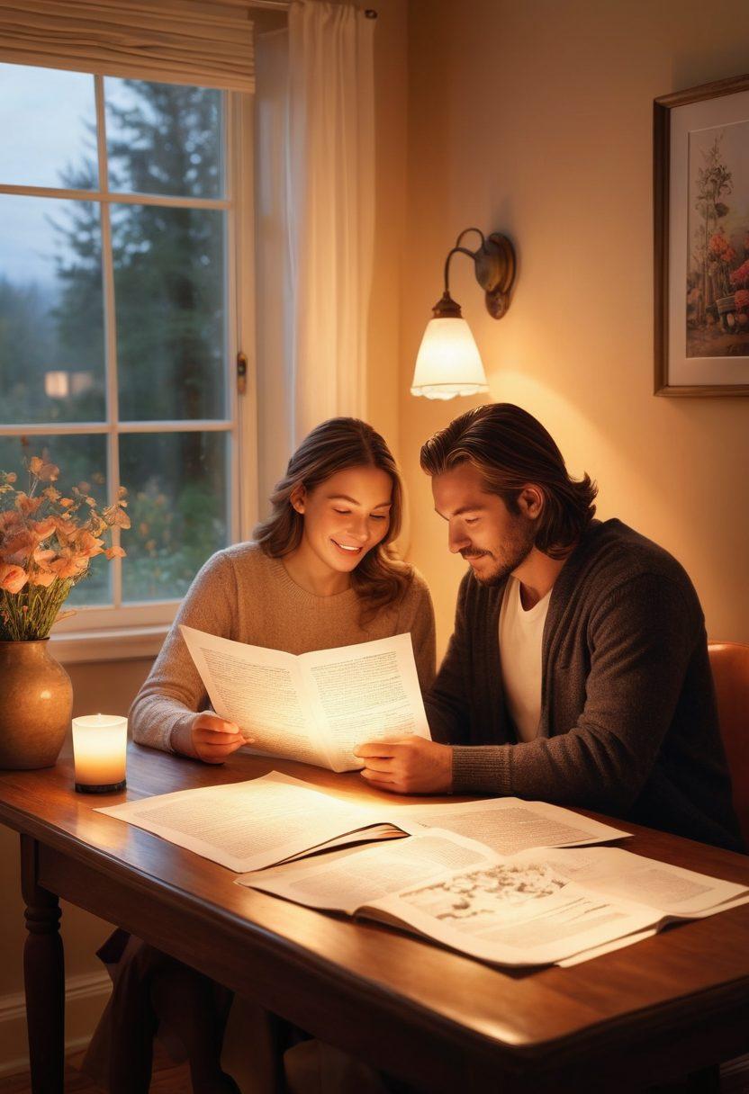 A warm, inviting scene of a couple happily reviewing insurance documents at a cozy table, surrounded by symbols of love like hearts and family photos. Soft glow from a lamp creates an intimate atmosphere, while a gentle breeze rustles flowers in a nearby window, symbolizing growth. A subtle overlay of fine print text merges with the visuals, emphasizing the theme of love intertwined with practical matters. super-realistic. warm tones. gentle lighting.