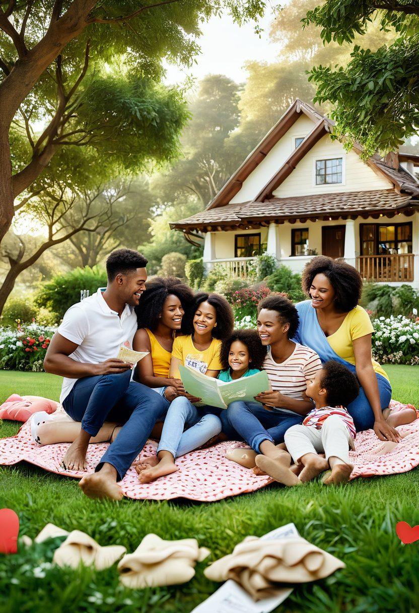 A comforting scene depicting diverse families and friends sharing moments of joy and laughter, surrounded by symbols of love and protection like hearts, shields, and insurance documents. The background features a serene landscape symbolizing safety and security, while soft, warm lighting enhances the sense of togetherness. Emphasize a feeling of trust and care between connections. vibrant colors. super-realistic.
